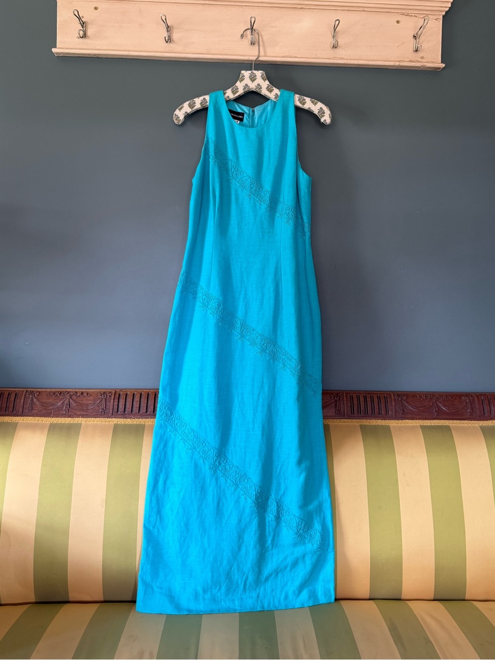 Vintage 90s Donna Morgan turquoise blue embroidered fitted maxi dress